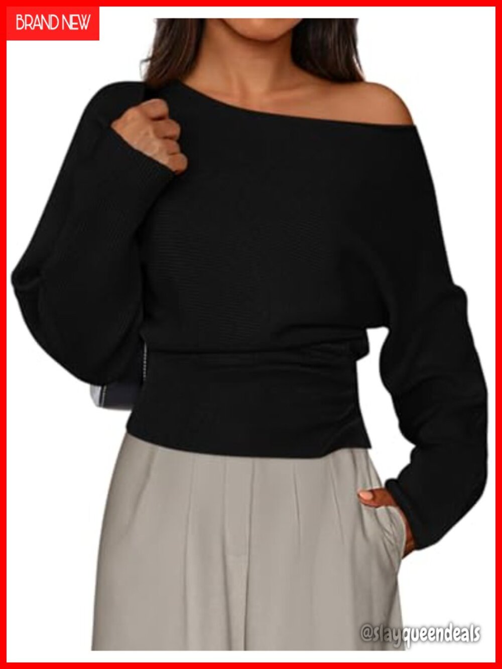 Off the Shoulder Ribbed Knit Sweater Pullover Long Sleeve
